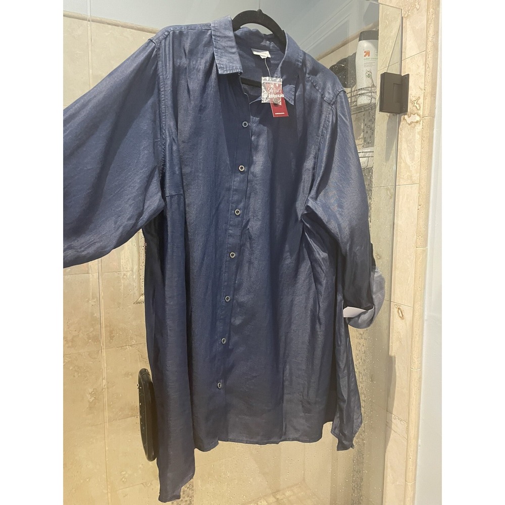 Avenue Women Plus 26/28 Blue Lyocell Tencel Denim Tunic Button Up Boho Top
